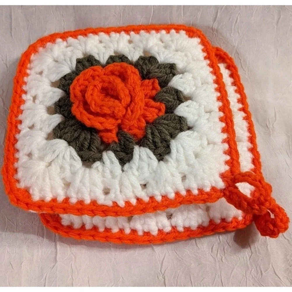 Crocheted Pot Holders Roses Flowers Boho Handmade Orange Decorative MCM Vtg Home